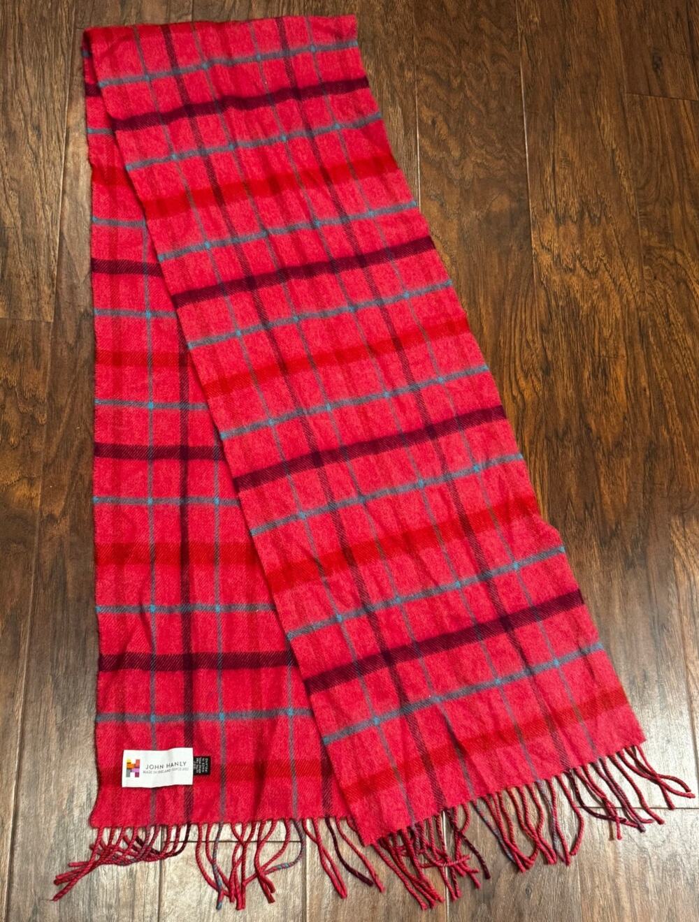 John Hanly Merino Luxury Scarf Fine 100% Wool Pink Red Plaid Fringe Ireland